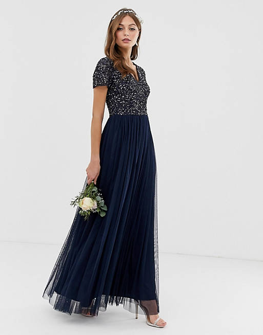 Maya Bridesmaid v neck maxi tulle dress with tonal delicate sequins in navy