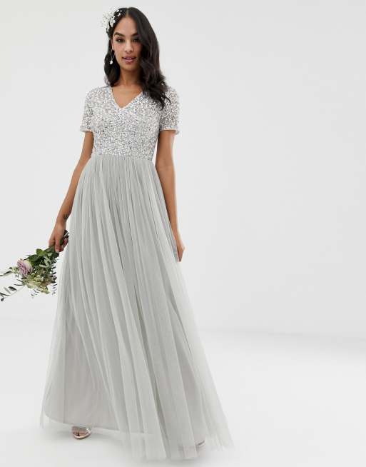  Maya  Bridesmaid  v neck maxi tulle dress  with tonal 