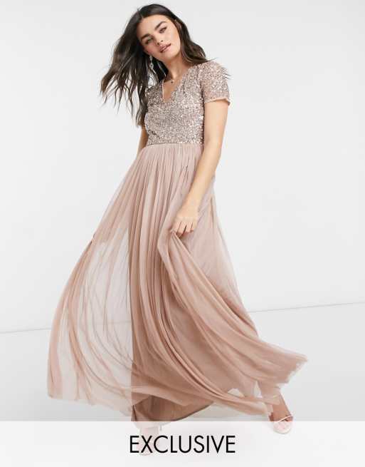 Maya  Bridesmaid  v neck maxi tulle dress  with tonal   Maya  Bridesmaid  v neck maxi tulle dress  with tonal