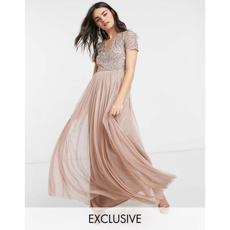 Maya Bridesmaid v neck maxi tulle dress with tonal delicate sequins in taupe blush ASOS