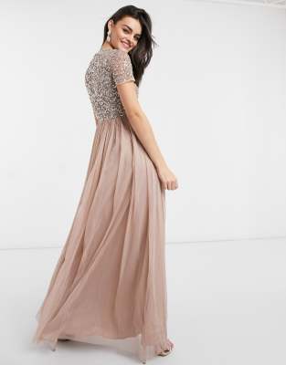 maya bridesmaid v neck maxi tulle dress with tonal delicate sequins