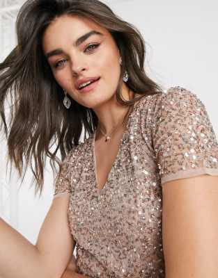 maya bridesmaid v neck maxi tulle dress with tonal delicate sequins in taupe blush