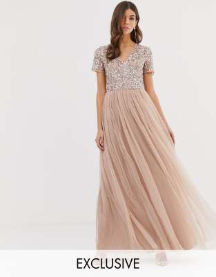 MAYA BRIDESMAID V NECK MAXI TULLE DRESS WITH TONAL DELICATE SEQUINS IN TAUPE BLUSH-BROWN,AZ2617