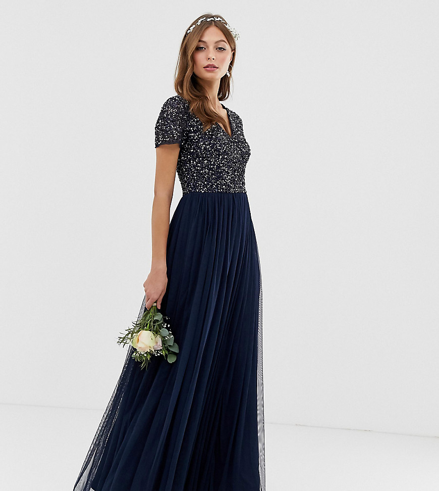 Maya Bridesmaid V Neck Maxi Tulle Dress with Tonal Delicate Sequins-Navy