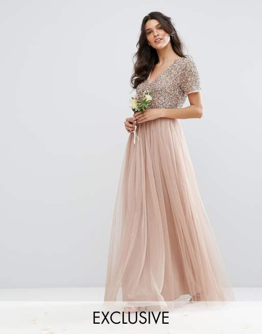 Maya Bridesmaid V Neck Maxi Tulle Dress with Tonal Maya Bridesmaid V Neck Maxi Tulle Dress with Tonal