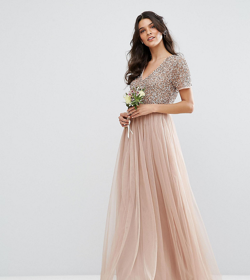 Maya Bridesmaid V Neck Maxi Tulle Dress with Tonal Delicate Sequins-Pink