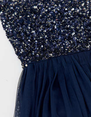 maya v neck maxi tulle dress with contrast tonal delicate sequins in navy