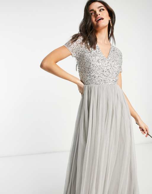 Maya Bridesmaid v neck short sleeve delicate sequin maxi dress in soft grey ASOS