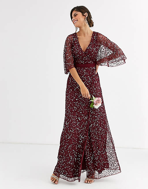 Maya Bridesmaid - Vestito lungo a portafoglio color vino con delicate paillettes