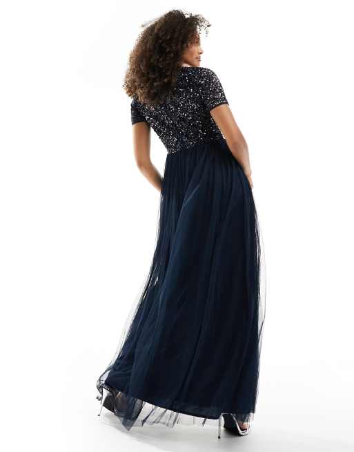 Maya Bridesmaid Vestito lungo da damigella in tulle blu navy a maniche corte con paillettes delicate tono su tono