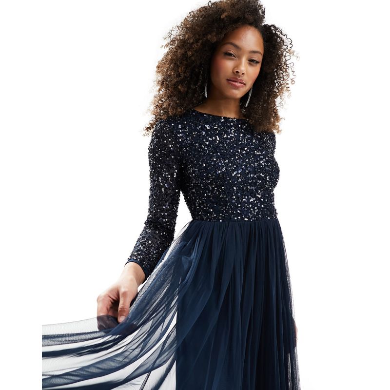 kdjd0  Maya Bridesmaid - Vestito lungo da damigella in tulle blu navy a maniche lunghe con paillettes delicate tono su tono