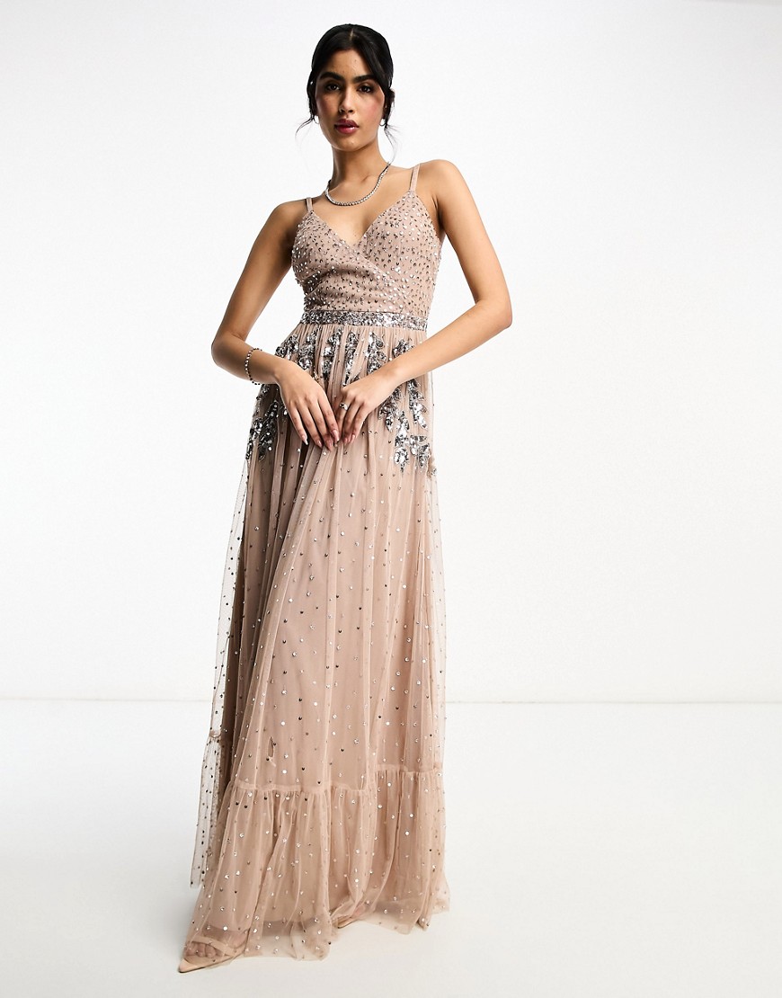 Maya Bridesmaid wrap front maxi tulle dress with tonal delicate sequin in taupe blush co ord-Pink
