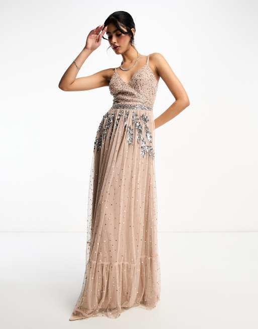 Maya bridesmaid halter neck maxi tulle dress with tonal cheap delicate sequins in taupe blush