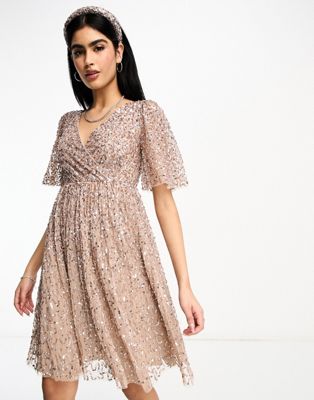 Maya Bridesmaid wrap front mini tulle dress with flutter sleeve in tonal delicate sequin taupe blush co ord-Pink