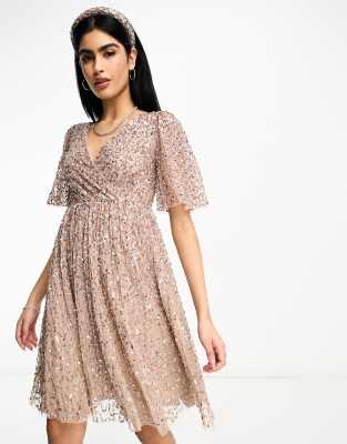 Maya Bridesmaid wrap front mini tulle dress with flutter sleeve in tonal delicate sequin taupe blush co ord-Pink