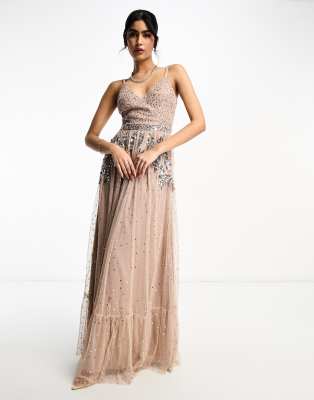 Maya Bridesmaid wrap front tulle maxi dress with tonal delicate sequin in  taupe blush - part of a set | ASOS