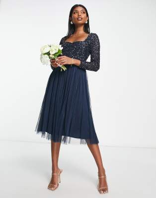 Navy blue chiffon on sale dress with sleeves