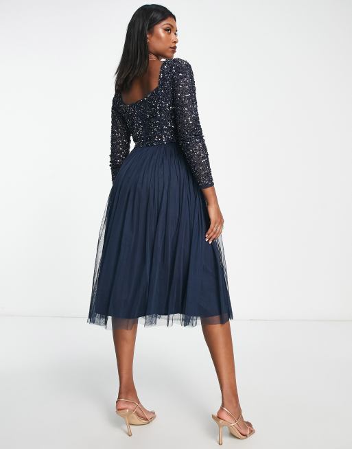 Maya Bridesmaids sweetheart long sleeve midi dress in navy blue