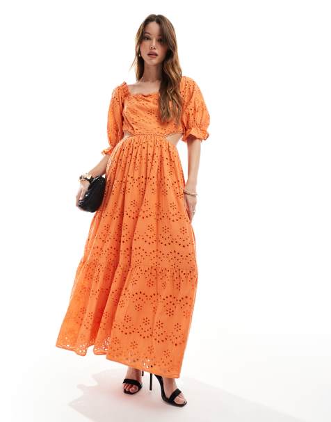 Maya Broderie cut out waist midaxi dress in orange