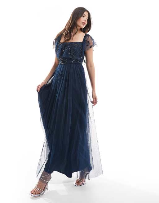 Maya - Bruidsmeisjes - Maxi bardotjurk met bloemenversiering in marineblauw