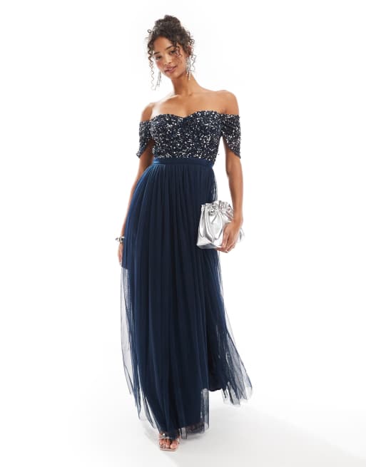 Maya - Bruidsmeisjes - Maxi bardotjurk met hartvormige halslijn en versiering in marineblauw
