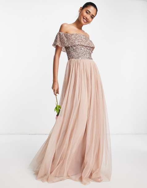 Maya - Bruidsmeisjes - Tule maxi jurk met bardot-hals in taupe met delicate lovertjes in dezelfde kleurschakering - view 1