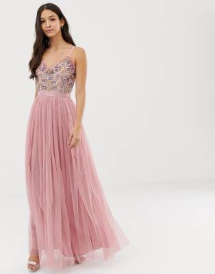 maya cami strap contrast embellished top tulle detail maxi dress in vintage rose