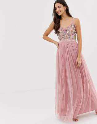 maya cami strap contrast embellished top tulle detail maxi dress in vintage rose