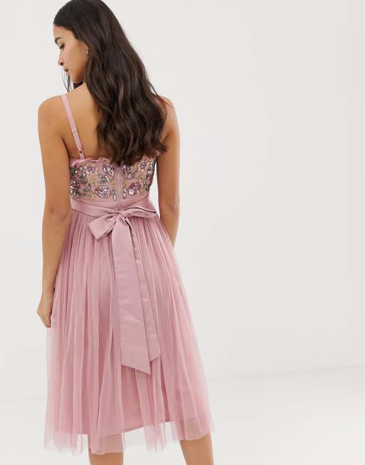 Needle & thread embroidered tulle midi dress best sale with cami straps in vintage rose