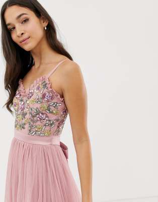 maya cami strap contrast embellished top tulle detail maxi dress in vintage rose