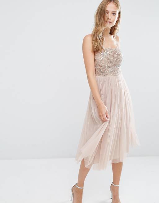 Maya Cami Strap Midi Dress with Tulle Skirt and Embellishment