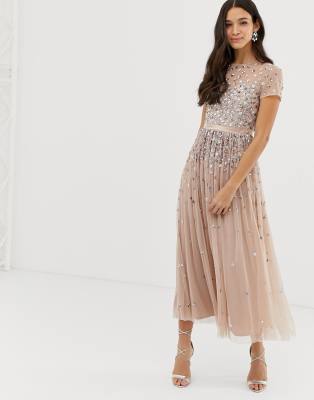 maya cap sleeve midaxi dress with applique delicate sequins in taupe blush