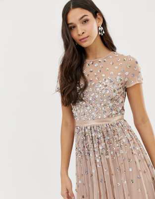 maya cap sleeve midaxi dress with applique delicate sequins in taupe blush