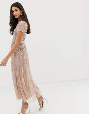 maya cap sleeve midaxi dress with applique delicate sequins in taupe blush