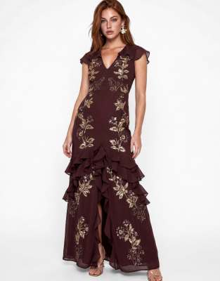Maya Cape Sleeve Embellished Maxi Dress In Brown