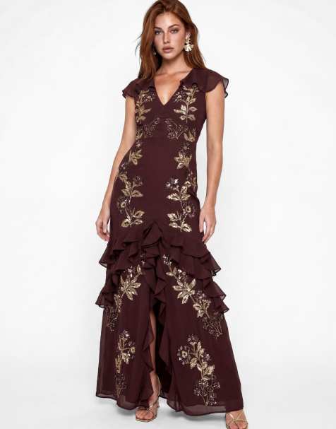 Maya Cape sleeve embellished maxi dress in espresso - view 1