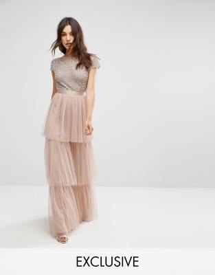 delicate sequin tiered midi dress