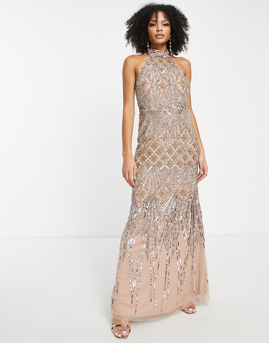 Maya Celestial all over embellished maxi dress in gold-White