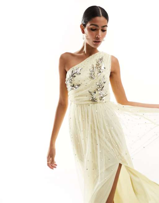 Maya - Citrongul oneshoulder-maxikjole med udsmykning
