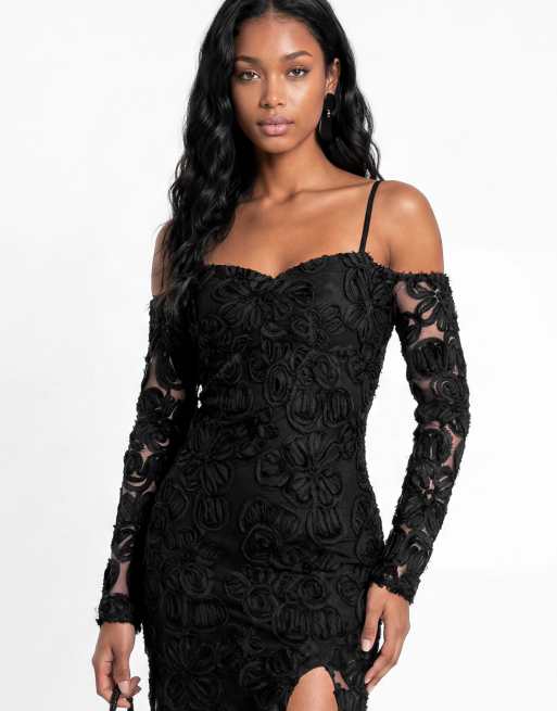 Maya Cold shoulder floral mesh maxi dress in black, 3 of 7