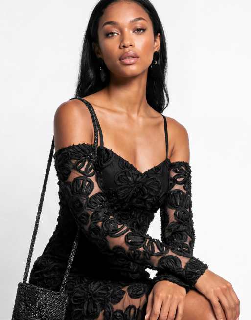 Maya Cold shoulder floral mesh maxi dress in black, 4 of 7