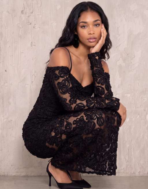 Maya Cold shoulder floral mesh maxi dress in black, 7 of 7
