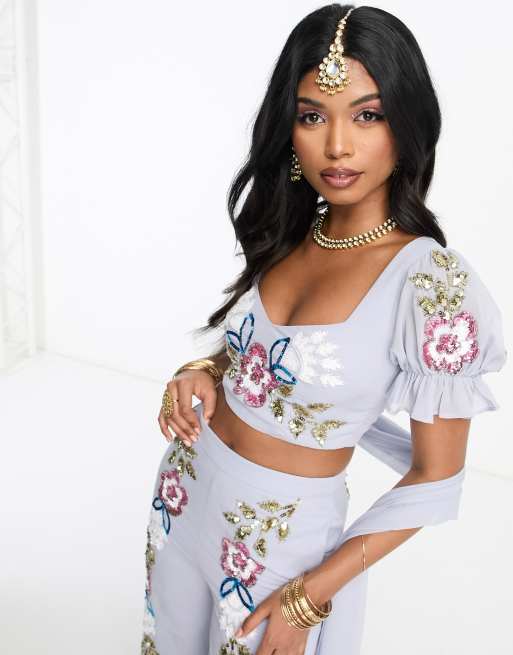 Maya contrast floral embellished lehenga crop top in pale blue (part of a set)