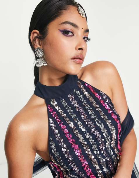 Maya - Crop top allacciato al collo a righe in paillettes multicolore in coordinato - view 1