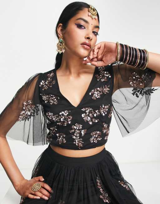 Maya - Crop top d'ensemble lehenga avec petites fleurs ornementées - Noir