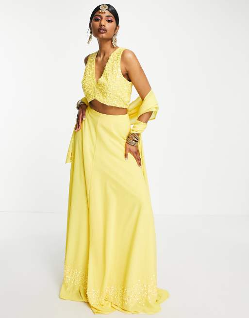 Maya - Crop top lehenga à sequins - Jaune, 4 de 4