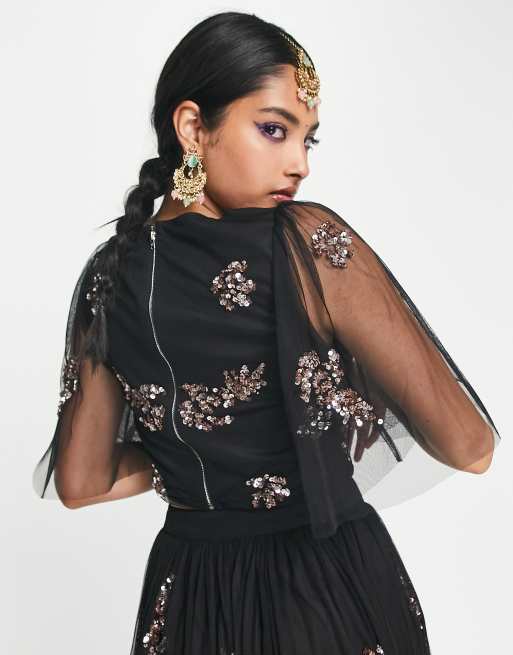 Maya delicate floral embellished lehenga crop top in black - part