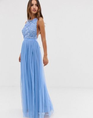Maya delicate sequin bodice maxi dress with cross back bow detail in bluebell
