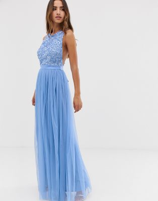 maya delicate sequin bodice maxi dress with cross back bow detail in bluebell