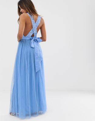 maya delicate sequin bodice maxi dress with cross back bow detail in bluebell